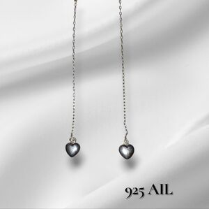 Sterling Silver Signed 925 Heart Drop Chain Threader Earrings